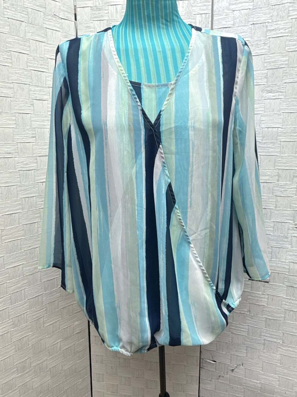 New Directions Blouse Size M Blue Green Striped Surplice
